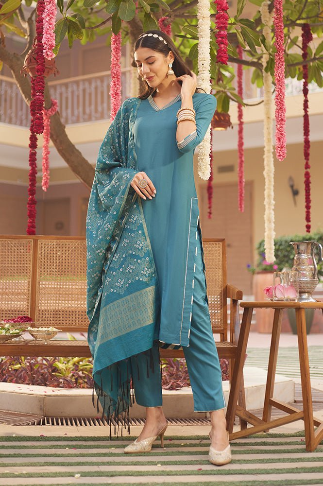 Blue Embellished Kurta, Pants And Jacquard Dupatta Set - Image 5
